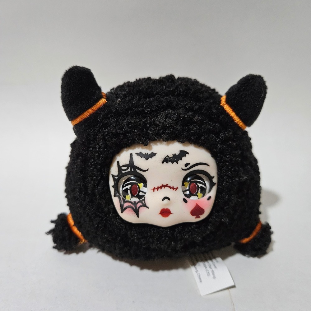 Gothic Doll Face Plush Keychain Black Fuzzy Sherpa Horns Spooky Aesthetic 4 inch